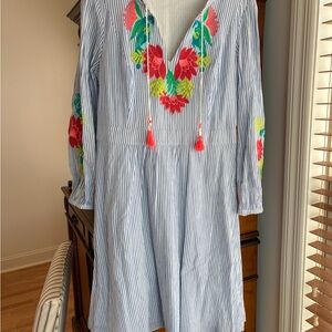 Boden Blue Striped Long Sleeve Dress with Floral Embroidery